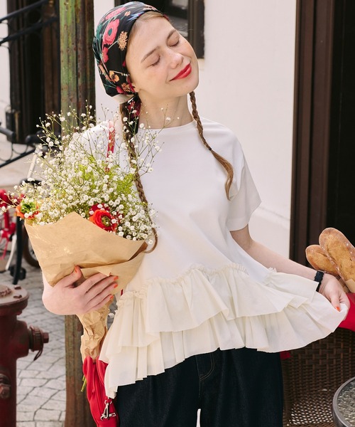 BONLECILL(ボンルシール)の「【接触冷感/UVカット/洗える】裾メニーフリルT(Tシャツ/カットソー・レディース・グレー/チャコールグレー/オフホワイト/クリーム/ピンク/ブラック・FREE)」の1枚目の写真