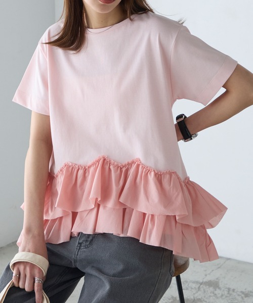 BONLECILL(ボンルシール)の「【接触冷感/UVカット/洗える】裾メニーフリルT(Tシャツ/カットソー・レディース・グレー/チャコールグレー/オフホワイト/クリーム/ピンク/ブラック・FREE)」の6枚目の写真