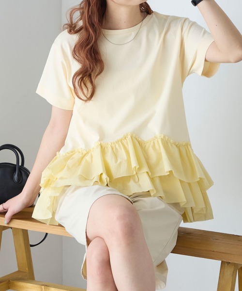 BONLECILL(ボンルシール)の「【接触冷感/UVカット/洗える】裾メニーフリルT(Tシャツ/カットソー・レディース・グレー/チャコールグレー/オフホワイト/クリーム/ピンク/ブラック・FREE)」の5枚目の写真