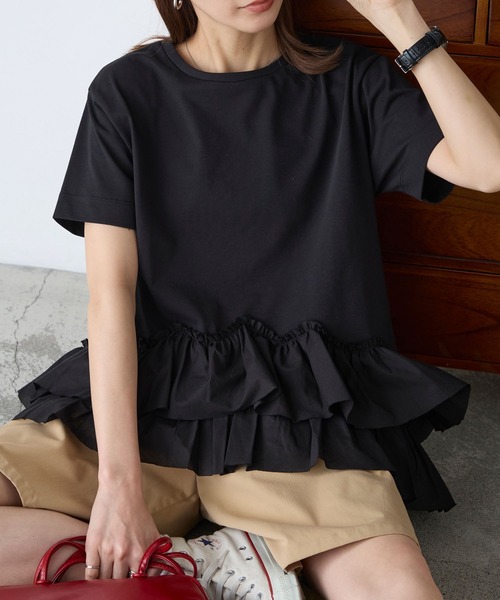 BONLECILL(ボンルシール)の「【接触冷感/UVカット/洗える】裾メニーフリルT(Tシャツ/カットソー・レディース・グレー/チャコールグレー/オフホワイト/クリーム/ピンク/ブラック・FREE)」の2枚目の写真