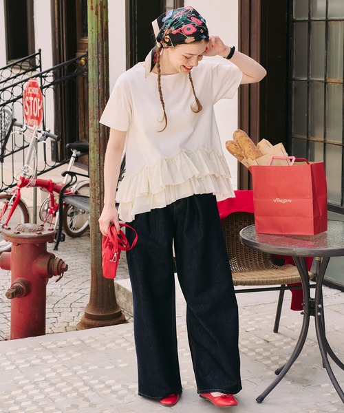 BONLECILL(ボンルシール)の「【接触冷感/UVカット/洗える】裾メニーフリルT(Tシャツ/カットソー・レディース・グレー/チャコールグレー/オフホワイト/クリーム/ピンク/ブラック・FREE)」の14枚目の写真