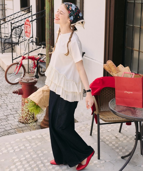 BONLECILL(ボンルシール)の「【接触冷感/UVカット/洗える】裾メニーフリルT(Tシャツ/カットソー・レディース・グレー/チャコールグレー/オフホワイト/クリーム/ピンク/ブラック・FREE)」の12枚目の写真