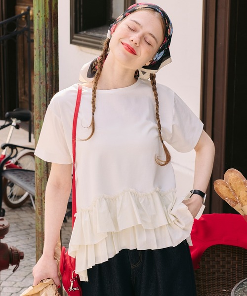 BONLECILL(ボンルシール)の「【接触冷感/UVカット/洗える】裾メニーフリルT(Tシャツ/カットソー・レディース・グレー/チャコールグレー/オフホワイト/クリーム/ピンク/ブラック・FREE)」の8枚目の写真