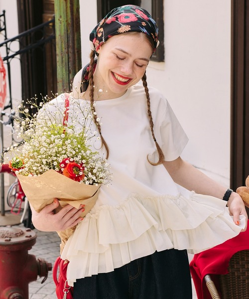 BONLECILL(ボンルシール)の「【接触冷感/UVカット/洗える】裾メニーフリルT(Tシャツ/カットソー・レディース・グレー/チャコールグレー/オフホワイト/クリーム/ピンク/ブラック・FREE)」の10枚目の写真