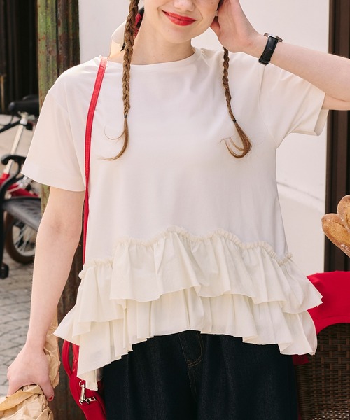 BONLECILL(ボンルシール)の「【接触冷感/UVカット/洗える】裾メニーフリルT(Tシャツ/カットソー・レディース・グレー/チャコールグレー/オフホワイト/クリーム/ピンク/ブラック・FREE)」の13枚目の写真