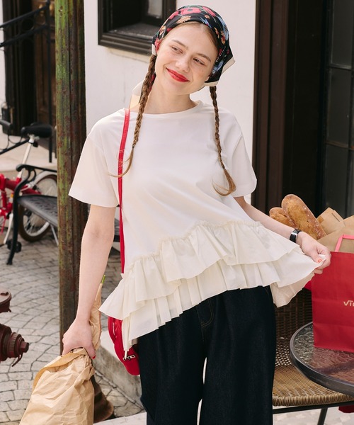 BONLECILL(ボンルシール)の「【接触冷感/UVカット/洗える】裾メニーフリルT(Tシャツ/カットソー・レディース・グレー/チャコールグレー/オフホワイト/クリーム/ピンク/ブラック・FREE)」の11枚目の写真