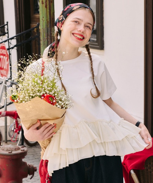 BONLECILL(ボンルシール)の「【接触冷感/UVカット/洗える】裾メニーフリルT(Tシャツ/カットソー・レディース・グレー/チャコールグレー/オフホワイト/クリーム/ピンク/ブラック・FREE)」の7枚目の写真