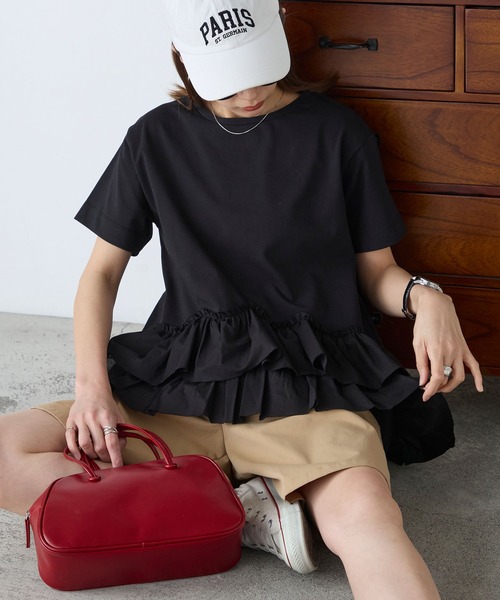 BONLECILL(ボンルシール)の「【接触冷感/UVカット/洗える】裾メニーフリルT(Tシャツ/カットソー・レディース・グレー/チャコールグレー/オフホワイト/クリーム/ピンク/ブラック・FREE)」の19枚目の写真