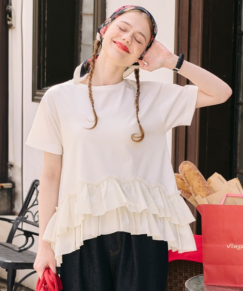 BONLECILL(ボンルシール)の「【接触冷感/UVカット/洗える】裾メニーフリルT(Tシャツ/カットソー・レディース・グレー/チャコールグレー/オフホワイト/クリーム/ピンク/ブラック・FREE)」の7枚目の写真