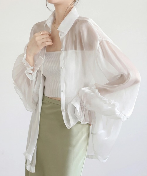 yuue' ( wear )(ユーイ)の「オーバーサイズフリルスリーブシアーシャツ/冷房対策 UVカット(シャツ/ブラウス・レディース・ホワイト/ピンク・FREE)」の6枚目の写真