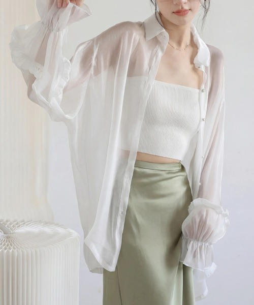 yuue' ( wear )(ユーイ)の「オーバーサイズフリルスリーブシアーシャツ/冷房対策 UVカット(シャツ/ブラウス・レディース・ホワイト/ピンク・FREE)」の3枚目の写真