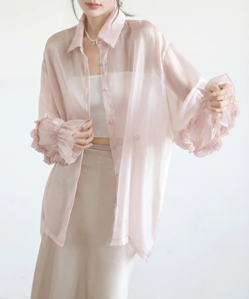 yuue' ( wear )(ユーイ)の「オーバーサイズフリルスリーブシアーシャツ/冷房対策 UVカット(シャツ/ブラウス・レディース・ホワイト/ピンク・FREE)」の12枚目の写真