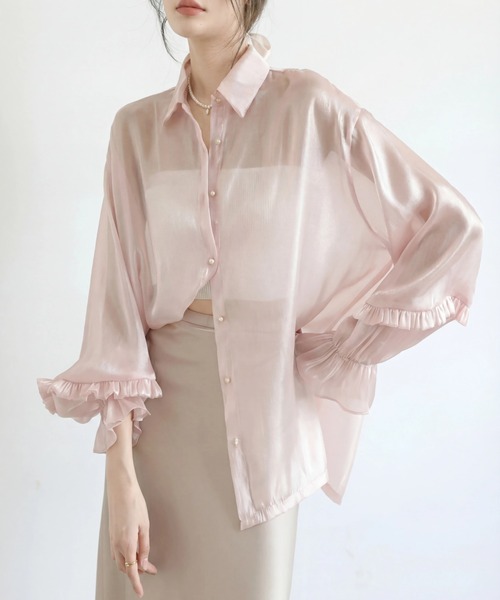 yuue' ( wear )(ユーイ)の「オーバーサイズフリルスリーブシアーシャツ/冷房対策 UVカット(シャツ/ブラウス・レディース・ホワイト/ピンク・FREE)」の8枚目の写真
