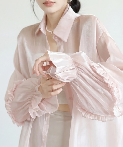 yuue' ( wear )(ユーイ)の「オーバーサイズフリルスリーブシアーシャツ/冷房対策 UVカット(シャツ/ブラウス・レディース・ホワイト/ピンク・FREE)」の10枚目の写真