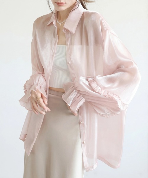 yuue' ( wear )(ユーイ)の「オーバーサイズフリルスリーブシアーシャツ/冷房対策 UVカット(シャツ/ブラウス・レディース・ホワイト/ピンク・FREE)」の13枚目の写真