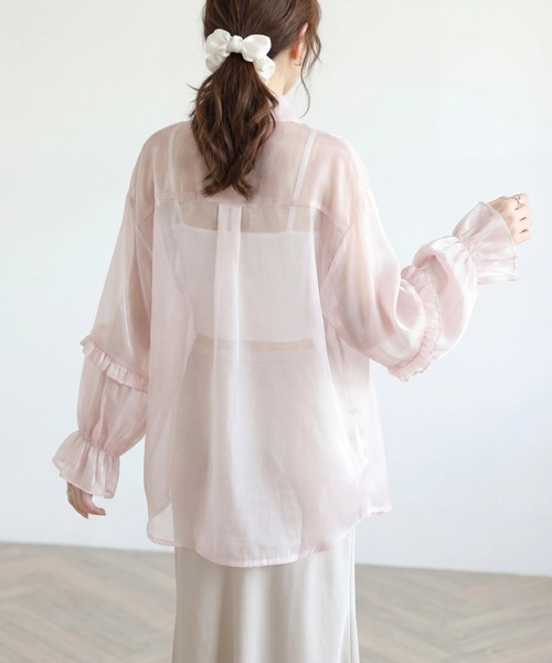 yuue' ( wear )(ユーイ)の「オーバーサイズフリルスリーブシアーシャツ/冷房対策 UVカット(シャツ/ブラウス・レディース・ホワイト/ピンク・FREE)」の11枚目の写真