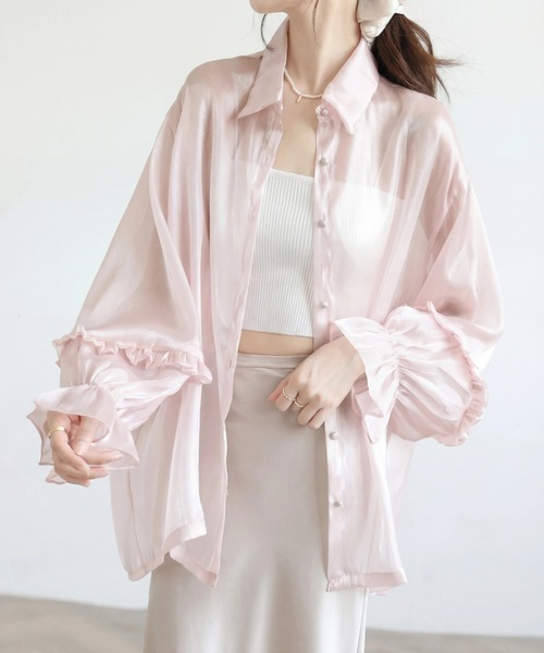 yuue' ( wear )(ユーイ)の「オーバーサイズフリルスリーブシアーシャツ/冷房対策 UVカット(シャツ/ブラウス・レディース・ホワイト/ピンク・FREE)」の15枚目の写真