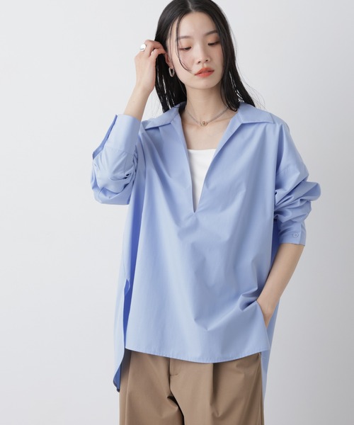 NANO universe（ナノユニバース）の「ディープVスキッパープルオーバーシャツ（シャツ/ブラウス・レディース・ブルー/ホワイト/ダークネイビー・FREE）」の5枚目の写真