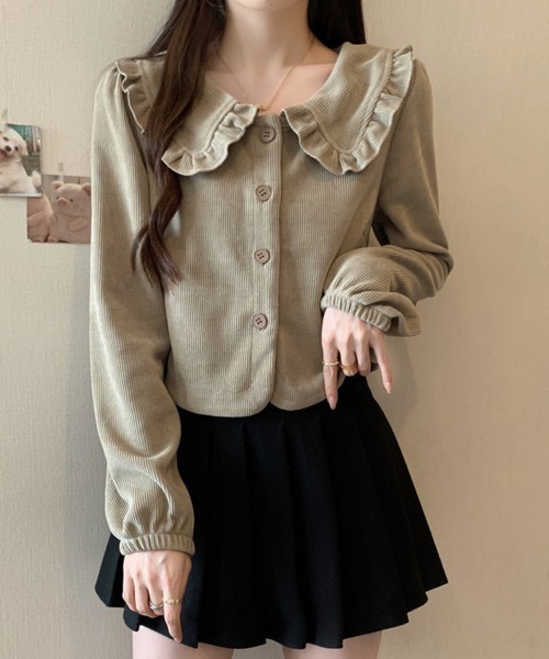 SallyLunn(サリーラン)の「フリルカラーリブカーディガン(カーディガン/ボレロ・レディース・ブラック/グレー・LARGE/MEDIUM)」の2枚目の写真