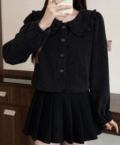 SallyLunn(サリーラン)の「フリルカラーリブカーディガン(カーディガン/ボレロ・レディース・ブラック/グレー・LARGE/MEDIUM)」の1枚目の写真
