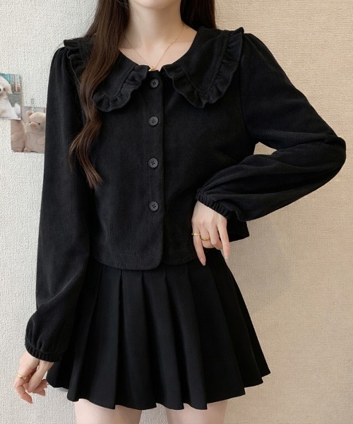 SallyLunn(サリーラン)の「フリルカラーリブカーディガン(カーディガン/ボレロ・レディース・ブラック/グレー・LARGE/MEDIUM)」の4枚目の写真