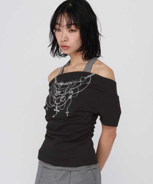 3.3 Field Trip (3.3フィールドトリップ)の「3.3 Field Trip/アクセプリントホルターネック半袖T(Tシャツ/カットソー・レディース・ブラック/グレー/ホワイト・FREE)」の14枚目の写真
