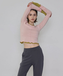 DEVIWEAR（デヴィウェア）の「女性ヨガウェア DEVI-T0142-サーモンピンク ピラティススリングレイヤードTシャツ（Tシャツ/カットソー）」