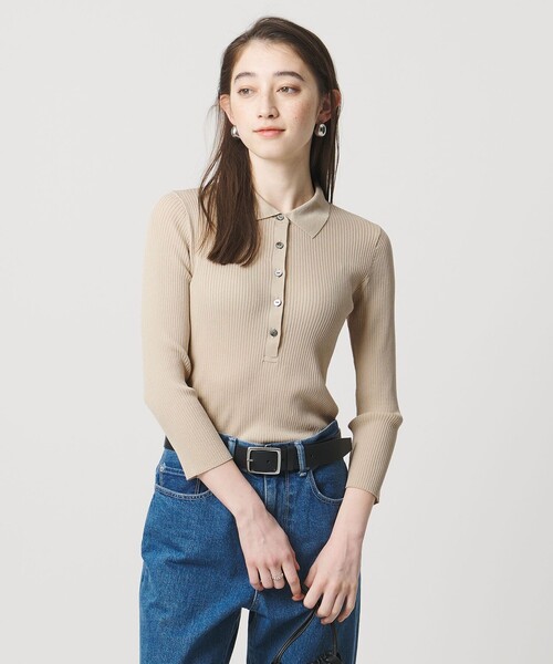 UNITED ARROWS（ユナイテッドアローズ）の「シャツ コンビ ポロニット（ニット/セーター・レディース・ベージュ/ダークブラウン/ブラック・FREE）」の6枚目の写真