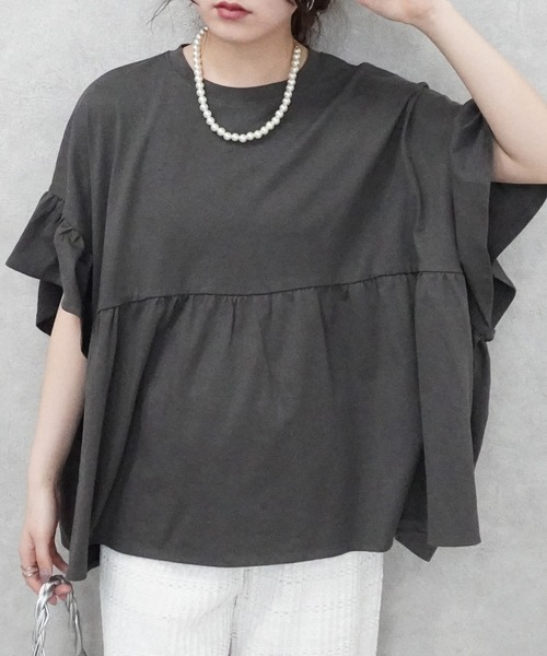 Emma（SELECT LEVERY）（エマ セレクトリベリー）の「接触冷感天竺ウエストフリル半袖Tシャツ（Tシャツ/カットソー・レディース・ピンク/ブラック/チャコール・MEDIUM）」の2枚目の写真