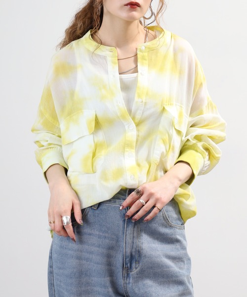 EGLANTINE(エグランティーヌ)の「EGLANTINE コットンシアーバンドカラーポケットブラウス 長袖(シャツ/ブラウス・レディース・イエロー系/ブラック/オフホワイト・40)」の3枚目の写真