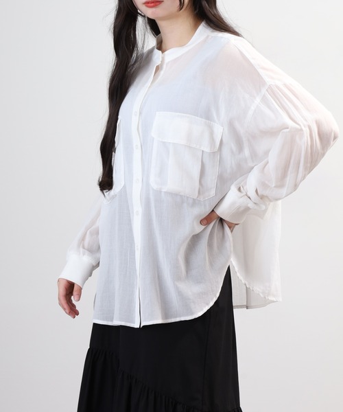 EGLANTINE(エグランティーヌ)の「EGLANTINE コットンシアーバンドカラーポケットブラウス 長袖(シャツ/ブラウス・レディース・イエロー系/ブラック/オフホワイト・40)」の5枚目の写真