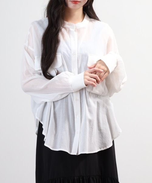 EGLANTINE(エグランティーヌ)の「EGLANTINE コットンシアーバンドカラーポケットブラウス 長袖(シャツ/ブラウス・レディース・イエロー系/ブラック/オフホワイト・40)」の7枚目の写真