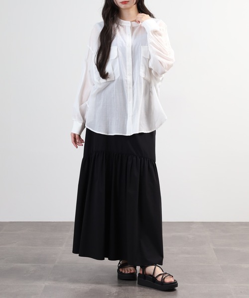EGLANTINE(エグランティーヌ)の「EGLANTINE コットンシアーバンドカラーポケットブラウス 長袖(シャツ/ブラウス・レディース・イエロー系/ブラック/オフホワイト・40)」の9枚目の写真