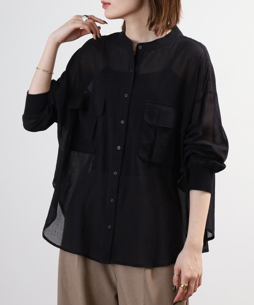 EGLANTINE(エグランティーヌ)の「EGLANTINE コットンシアーバンドカラーポケットブラウス 長袖(シャツ/ブラウス・レディース・イエロー系/ブラック/オフホワイト・40)」の15枚目の写真