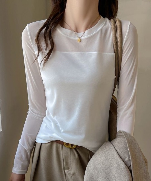 Beststore（ベストストア）の「【トレンド感抜群】シアードッキング クルーネック 長袖カットソー チュールトップス（Tシャツ/カットソー・レディース・ブラック/ブラウン/ホワイト・FREE）」の5枚目の写真