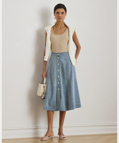 【美品】　現行　ラルフローレン　ラッフルラップスカート　デニム　リボン　洗濯可 LAUREN RALPH LAUREN（ローレン ラルフ ローレン）の「ベルテッド