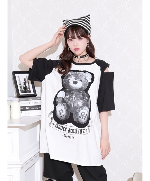 NOEMIE(ノエミー)の「病みくまラグラン肩ジップユニセックスTシャツ(Tシャツ/カットソー・レディース・ダークグレー/オフホワイト/ブラック・M)」の2枚目の写真