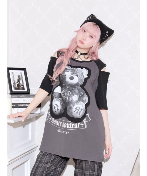 NOEMIE(ノエミー)の「病みくまラグラン肩ジップユニセックスTシャツ(Tシャツ/カットソー・レディース・ダークグレー/オフホワイト/ブラック・M)」の1枚目の写真