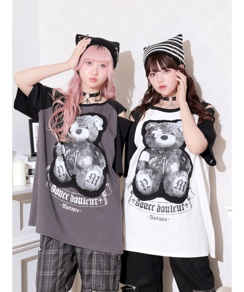 NOEMIE(ノエミー)の「病みくまラグラン肩ジップユニセックスTシャツ(Tシャツ/カットソー・レディース・ダークグレー/オフホワイト/ブラック・M)」の4枚目の写真