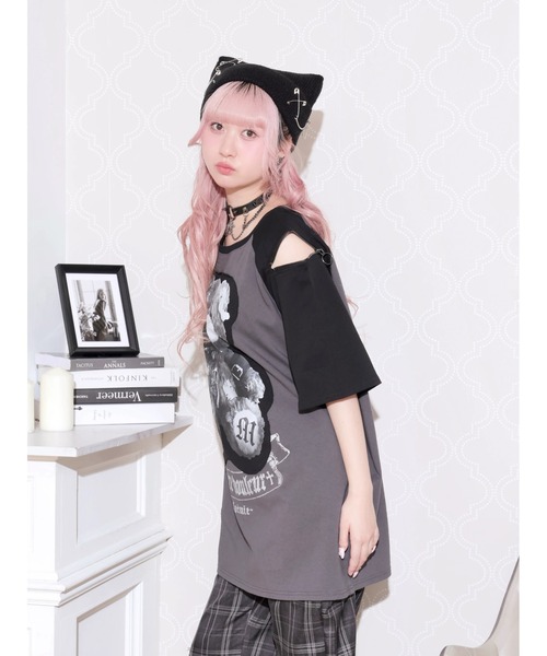 NOEMIE(ノエミー)の「病みくまラグラン肩ジップユニセックスTシャツ(Tシャツ/カットソー・レディース・ダークグレー/オフホワイト/ブラック・M)」の5枚目の写真