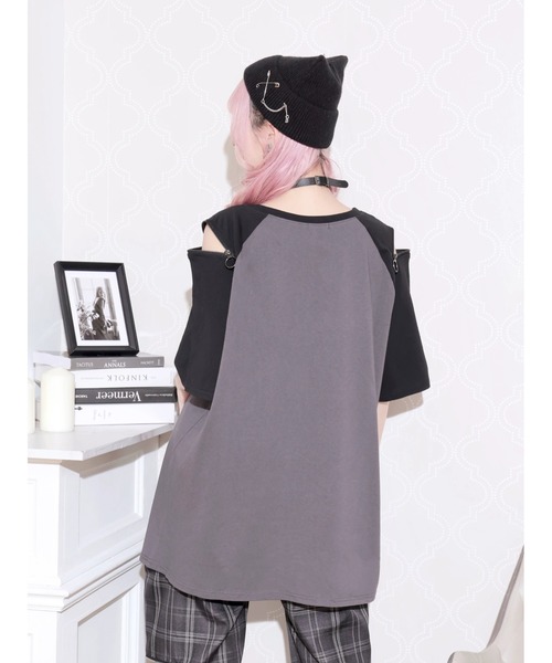 NOEMIE(ノエミー)の「病みくまラグラン肩ジップユニセックスTシャツ(Tシャツ/カットソー・レディース・ダークグレー/オフホワイト/ブラック・M)」の6枚目の写真