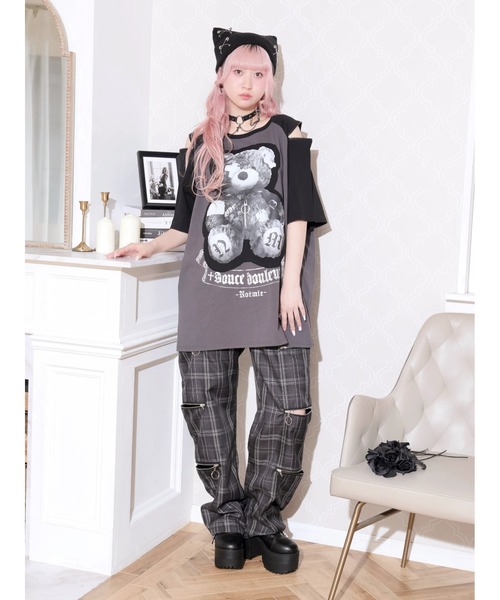 NOEMIE(ノエミー)の「病みくまラグラン肩ジップユニセックスTシャツ(Tシャツ/カットソー・レディース・ダークグレー/オフホワイト/ブラック・M)」の7枚目の写真