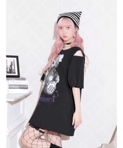 NOEMIE(ノエミー)の「病みくまラグラン肩ジップユニセックスTシャツ(Tシャツ/カットソー・レディース・ダークグレー/オフホワイト/ブラック・M)」の8枚目の写真