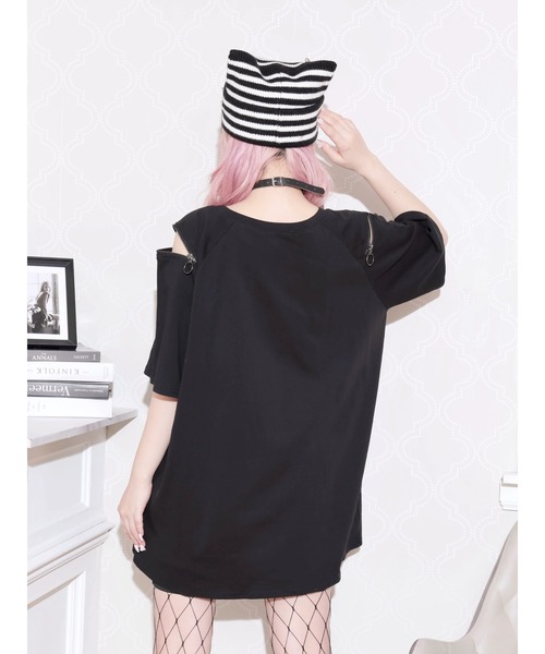 NOEMIE(ノエミー)の「病みくまラグラン肩ジップユニセックスTシャツ(Tシャツ/カットソー・レディース・ダークグレー/オフホワイト/ブラック・M)」の9枚目の写真