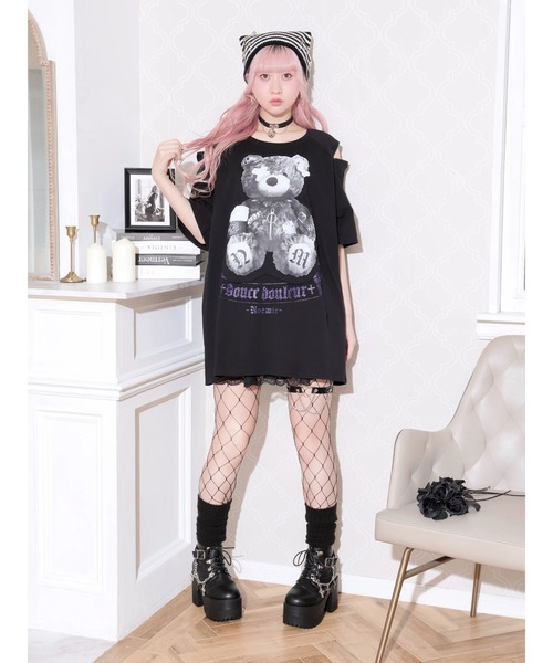 NOEMIE(ノエミー)の「病みくまラグラン肩ジップユニセックスTシャツ(Tシャツ/カットソー・レディース・ダークグレー/オフホワイト/ブラック・M)」の10枚目の写真