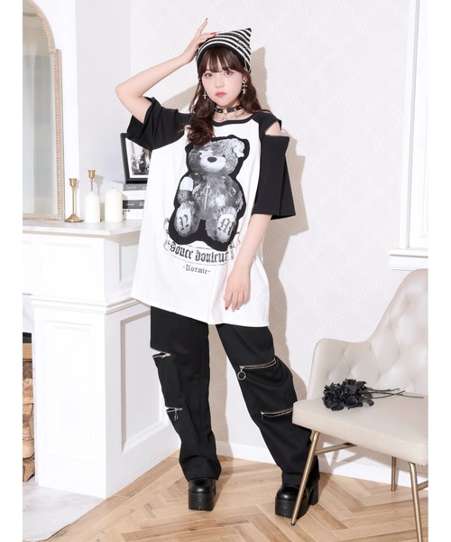 NOEMIE(ノエミー)の「病みくまラグラン肩ジップユニセックスTシャツ(Tシャツ/カットソー・レディース・ダークグレー/オフホワイト/ブラック・M)」の13枚目の写真