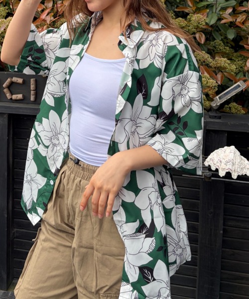 Loco Ocean(ロコオーシャン)の「モノトーンジャイアントフラワー アーバンフラワー アロハシャツ / ビッグシルエットオープンカラーシャツ(シャツ/ブラウス・レディース・グリーン・FREE)」の8枚目の写真