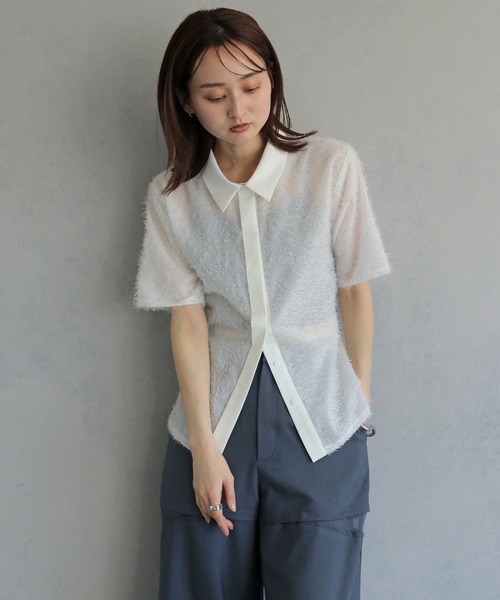 &g'aime(アンジェム)の「【&g'aime 】フェザーハーフスリーブシャツ Feather Half-Sleeve Shirt(シャツ/ブラウス・レディース・ブラック/グレー/ホワイト・FREE)」の4枚目の写真