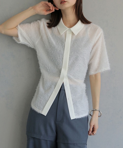 &g'aime(アンジェム)の「【&g'aime 】フェザーハーフスリーブシャツ Feather Half-Sleeve Shirt(シャツ/ブラウス・レディース・ブラック/グレー/ホワイト・FREE)」の6枚目の写真