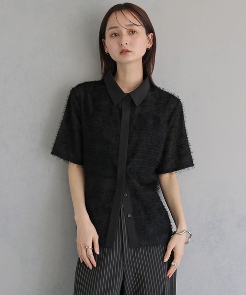 &g'aime(アンジェム)の「【&g'aime 】フェザーハーフスリーブシャツ Feather Half-Sleeve Shirt(シャツ/ブラウス・レディース・ブラック/グレー/ホワイト・FREE)」の14枚目の写真
